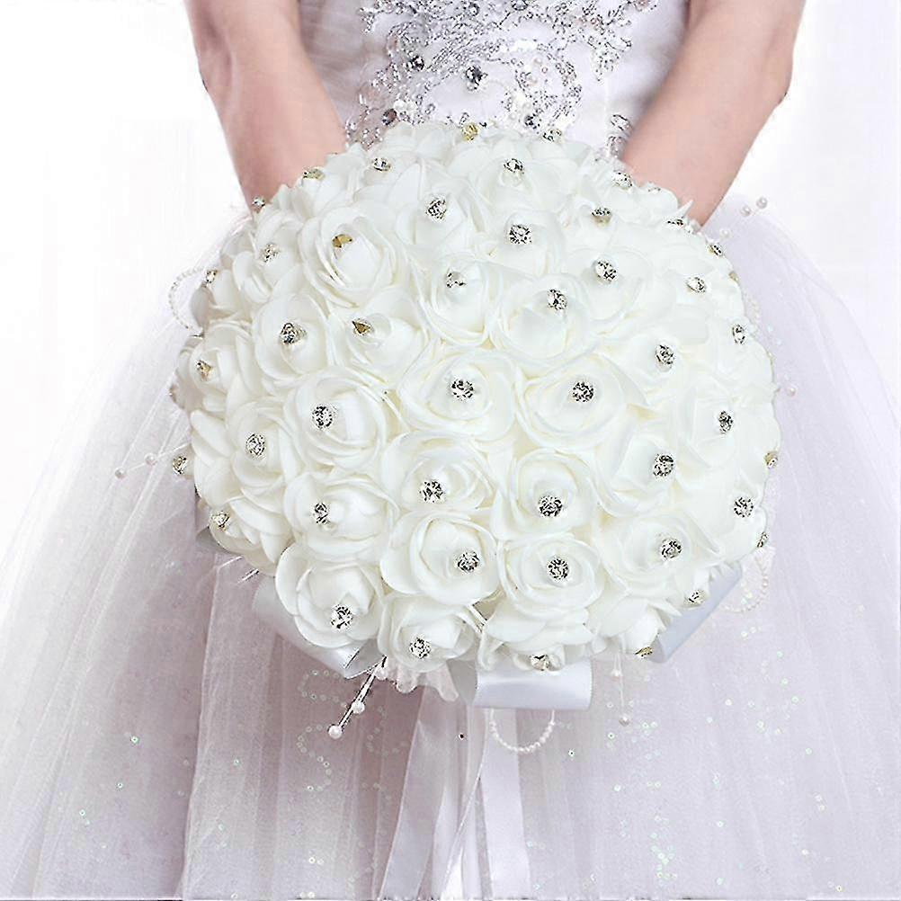 White Bridal Wedding Bouquet Artificial Rose Bouquet with Crystal Pearl for Wedding Engagement Home Decor