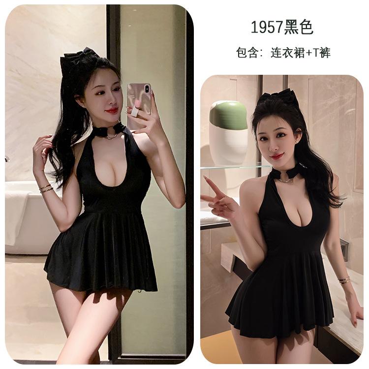 Long Night, romantic lingerie, sexy front and back, hollowed-out one-piece dress, pure sleepiness, uniform seductive set 1957