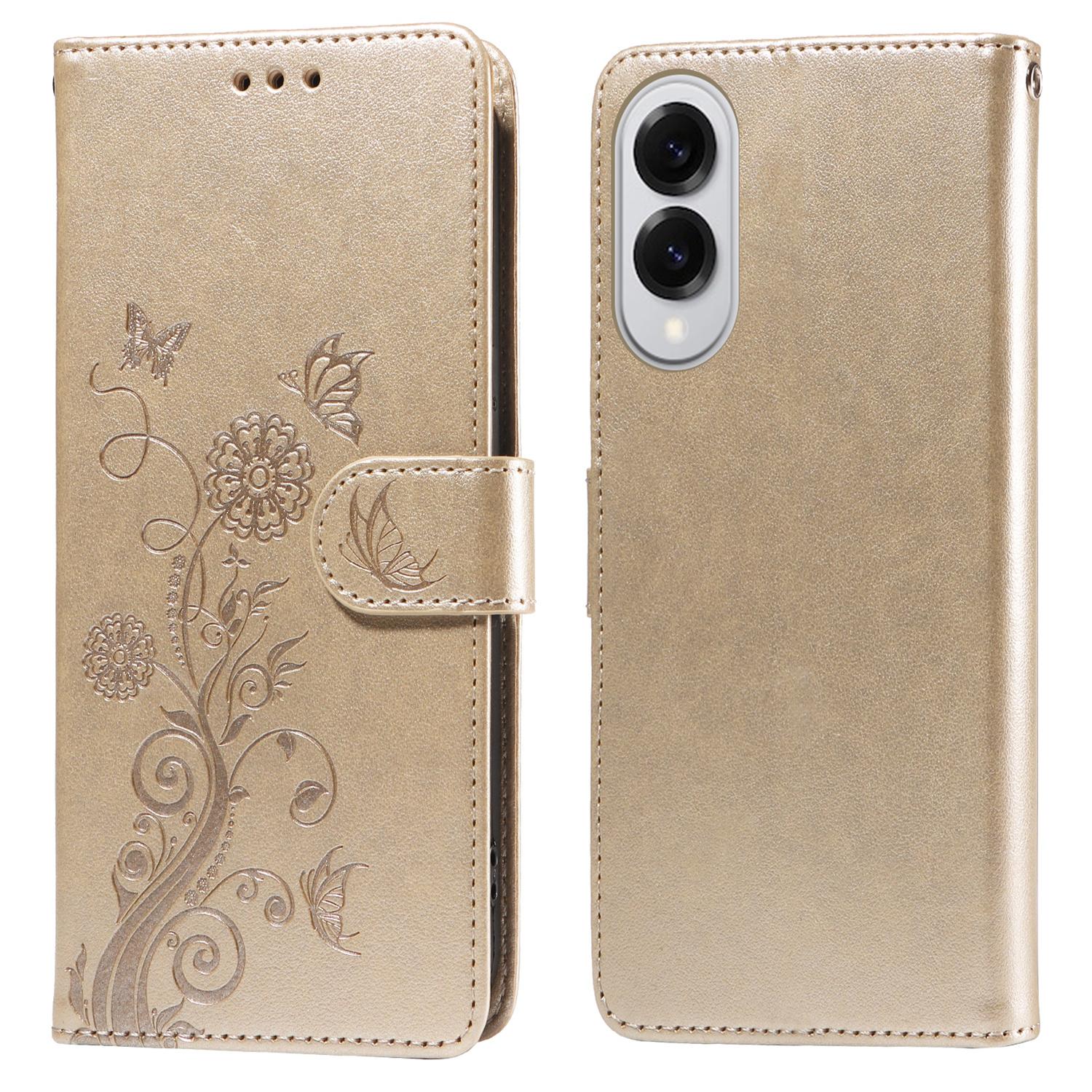 

For Samsung Galaxy S25 Edge Phone Case Wallet Stand Butterfly Floral Imprint Leather Cover Gold