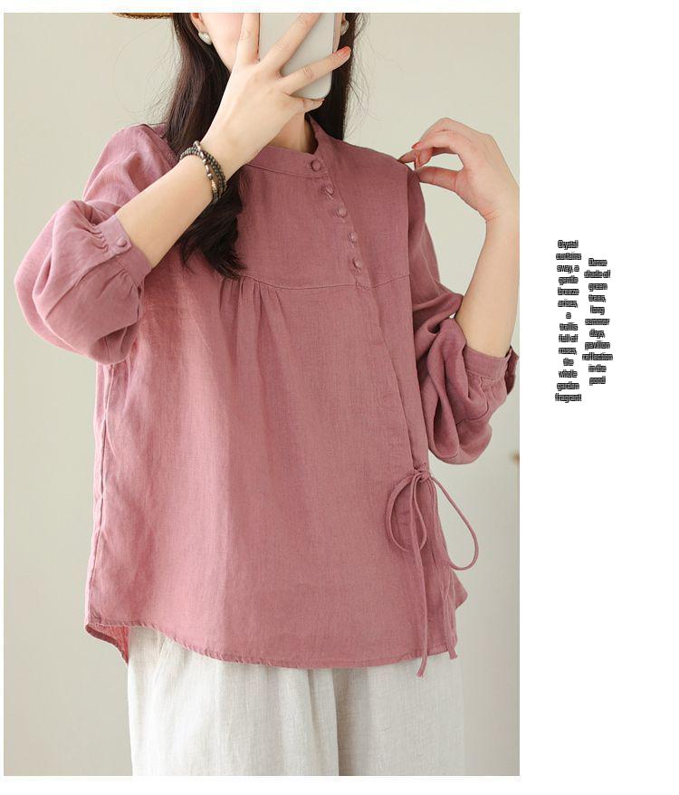 Jesienna Bawełniano-Lniana Koszulka z Długim Rękawem: Literacki, Retro, Odchudzający, Luksusowy Damski Top.