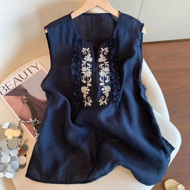 Women Linen Cotton Embroidery Sleeveless Blouse Ruffle Trim Casual Tank Top L