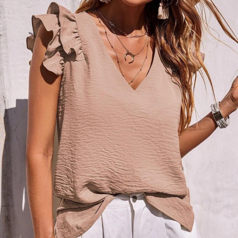 Fashion New V-neck Ruffled Casual Shirt Women Summer Sleeveless Blouse for Women Elegant Vintage Solid Simple Ladies Blouses and Tops 24664