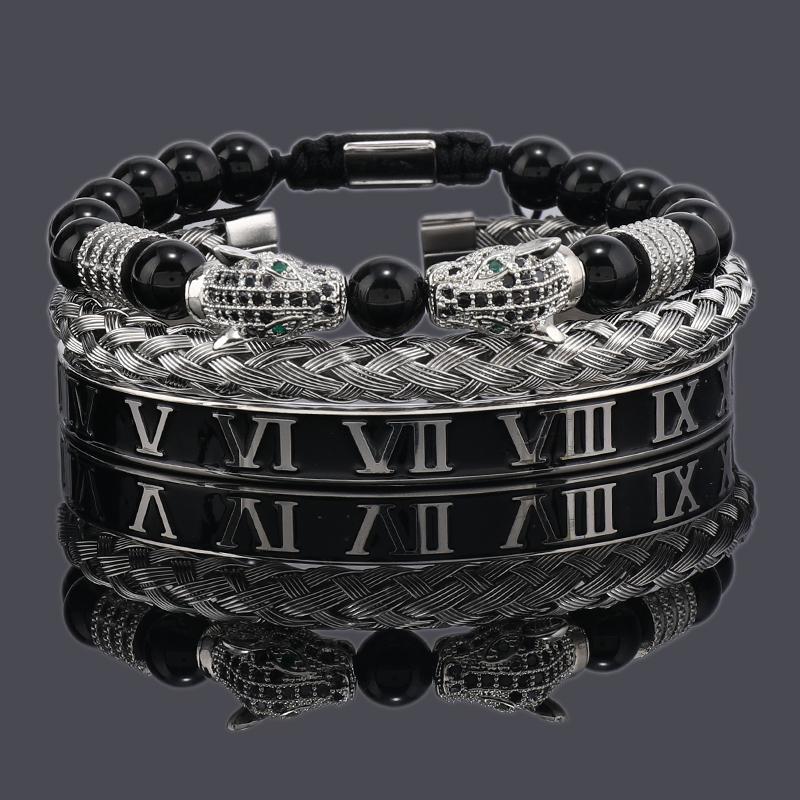 Luxury Black Stone Beads Leopard Head Man Bracelet Enamel Stainless Steel Roman Bangles Women Jewelry 3 pieces make a set