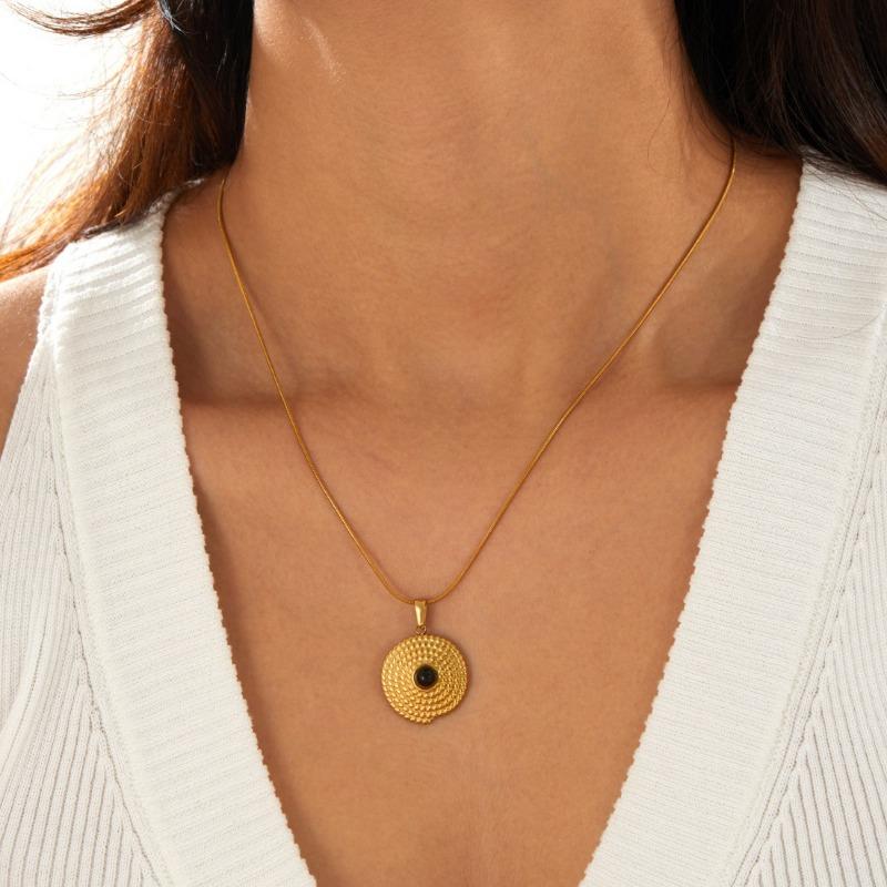 Gold Plated Stainless Steel Textured Disc Tiger Eye Pendant Necklace for Women