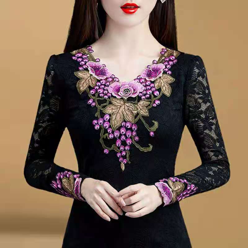 

Женская корейская мода винтажная сексуальная кружевная вышивка базовая футболка осень зима элегантный V-образный вырез длинный рукав приталенные топы Ropa De Mujer XXL фиолетовый