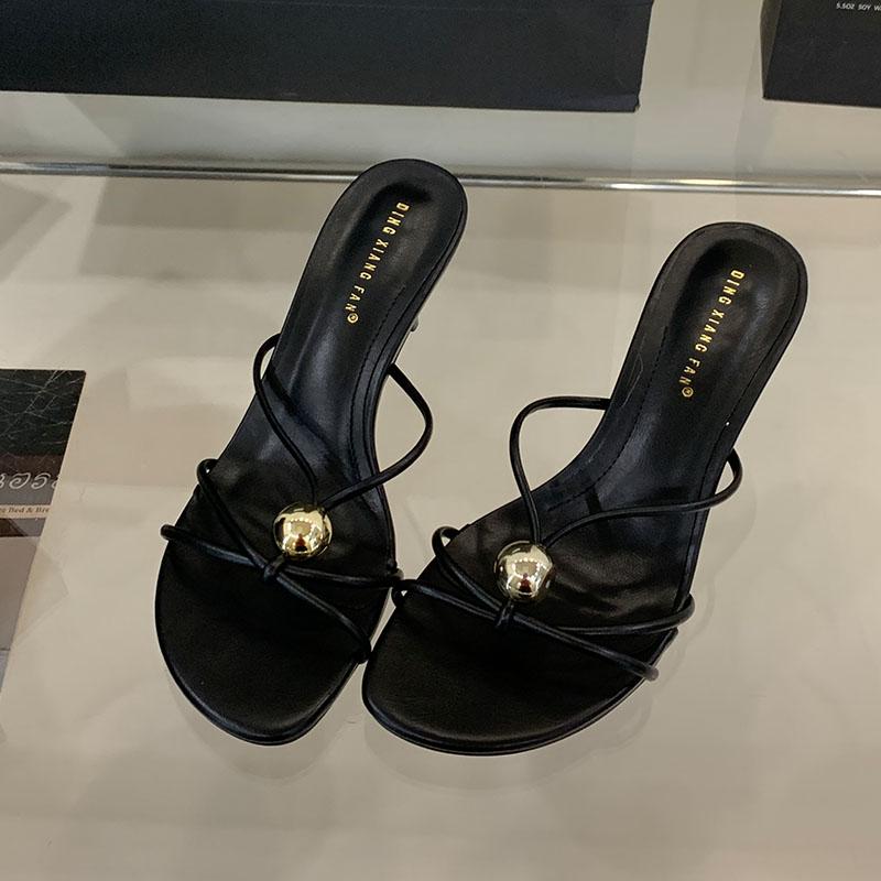 

Fashion Fashion Metal Footwear Thin Heels Slippers Shoes For Women 2025 New Round Toe Ladies High Heels Slippers Female Slides Sandals 35 чёрный