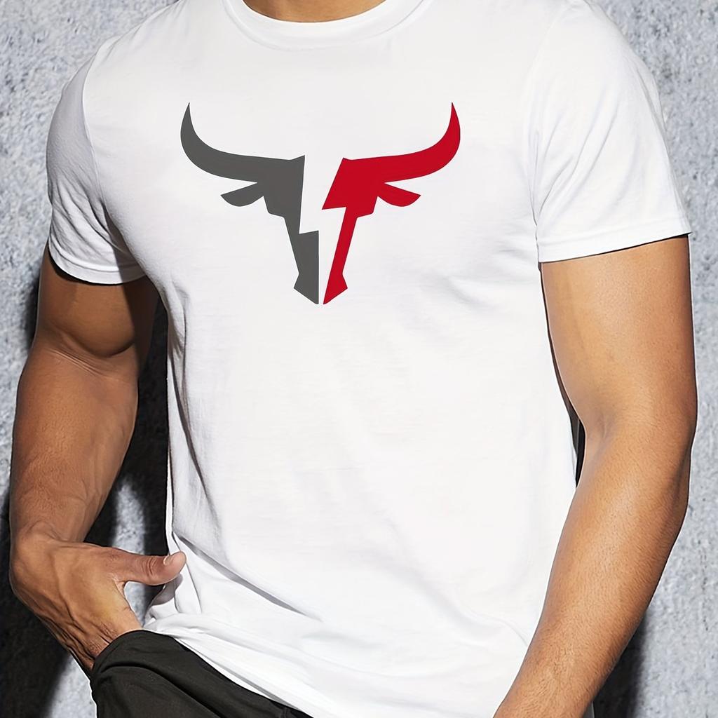Summer Men's 100% Cotton Comfortable Casual Loose Fit Plus Size Bull Pattern Print Sports Round Neck Short Sleeved T-shirt Top