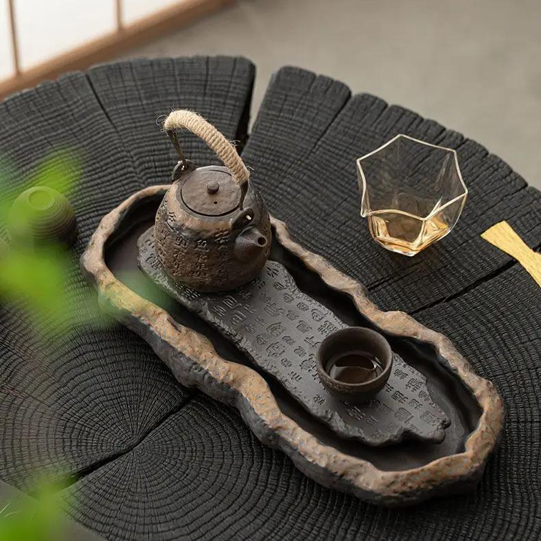 Vintage Tea Tray, Gilded Zen Heart Sutra Tea Tray, Coarse Ceramic Tea Tray, Household Water Storage, High-end Dry Brewed