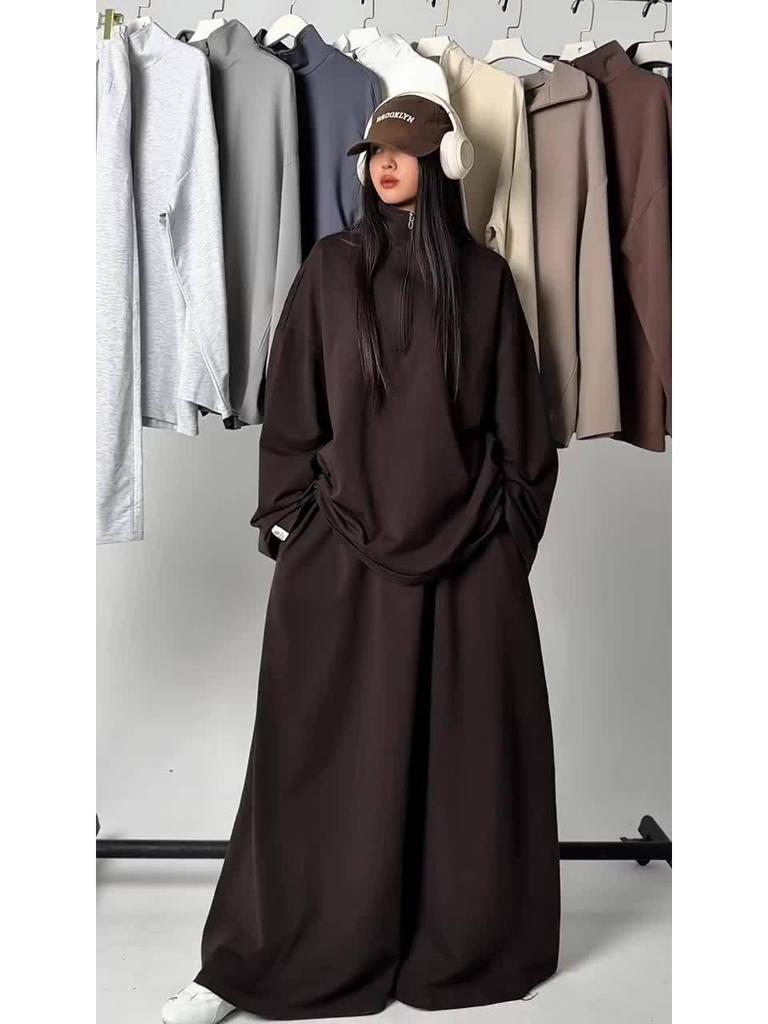 2025 Women's Casual Loose Drapey Half-Zip Top & Skirt Two-Piece Set