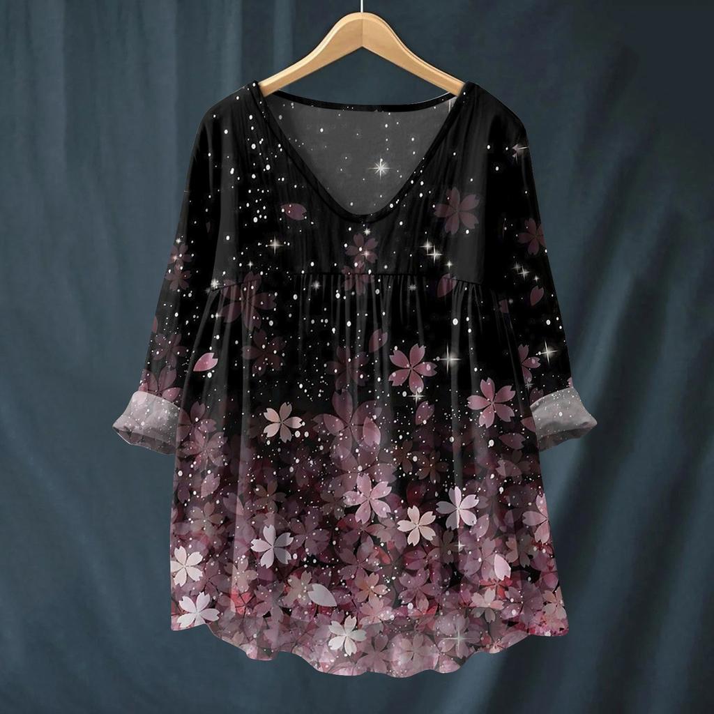 Damen Modisches Und Lässiges Hemd Langärmlig V-Ausschnitt Druck Baumwolle Und Leinen Bluse