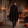 Women's Velvet Cape Coat with Stand Collar and Gold Trim Button Front for Halloween Costume