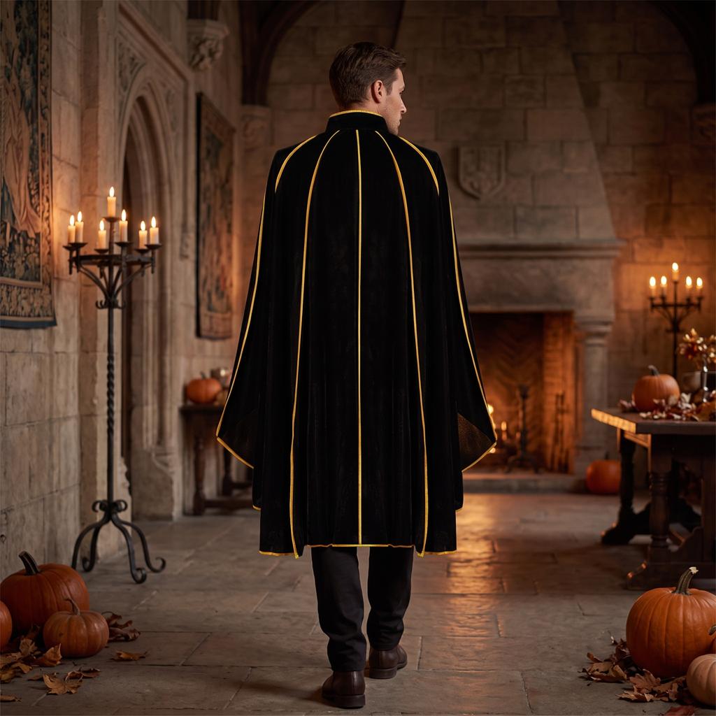 Women's Velvet Cape Coat with Stand Collar and Gold Trim Button Front for Halloween Costume