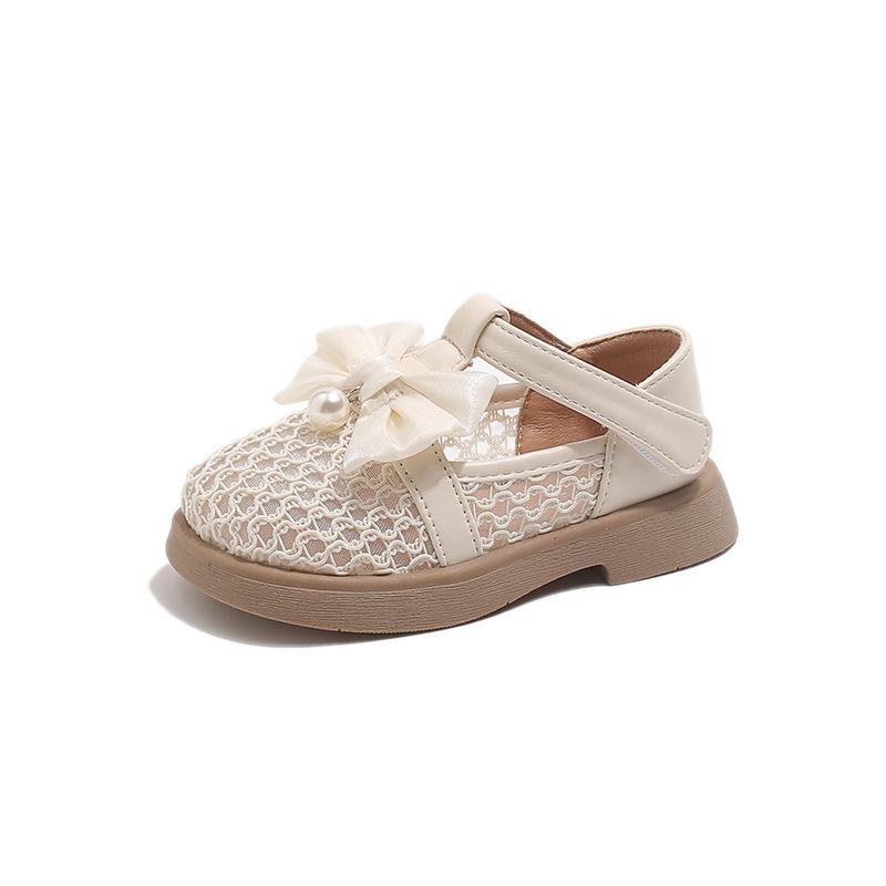 Spring-summer New Style Girls' Breathable Woven Mesh Shoes, Little Girls' Pearl Bow Shoes, Leather Hollow-out Sandals