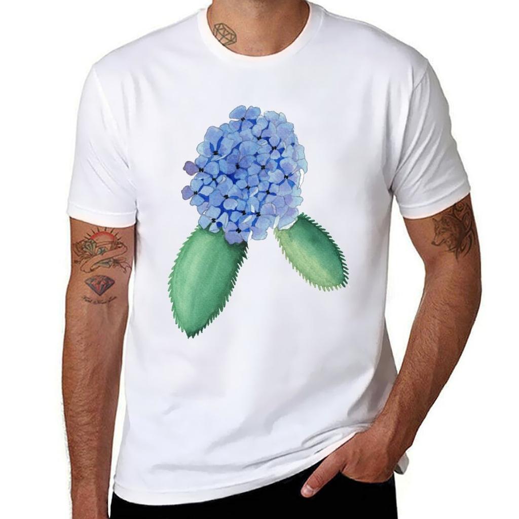 Blue Hydrangea Watercolor Painting TShirt Simple Solid Color Crew Neck Tee