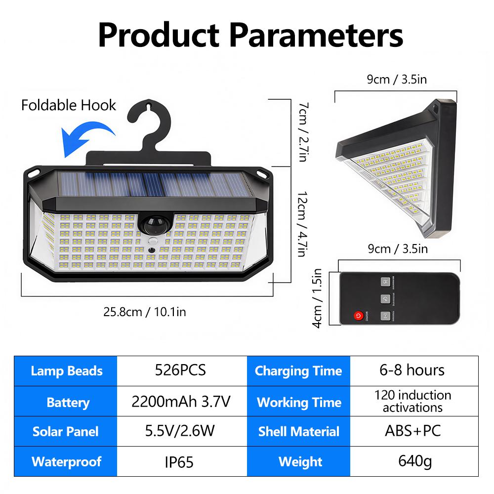 

Super Bright Solar Security Lights Outdoor 526 LED PIR Motion Sensor Flood Lights 1000LM Camping Light Wall Light for Front Door 526LED