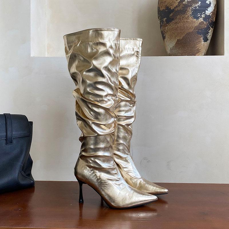 Mode Mode Plissierte Damen Kniehohe Stiefel mit Dünnen Absätzen Schuhe Spitzschuh Damen Moderne Stiefel Slipper Damenschuhe