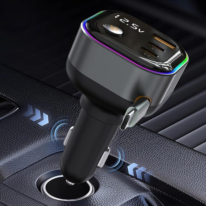 High Power Car Charger PD65W Retractable USB C Cable with 18W USB A /Type C Port Voltages Display Intelligent Protections