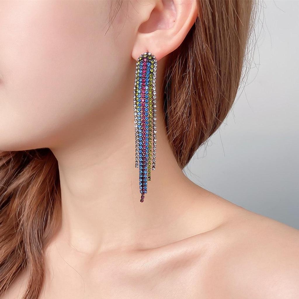 European & American Glam Rhinestone Tassel Long Earrings for Evening Events