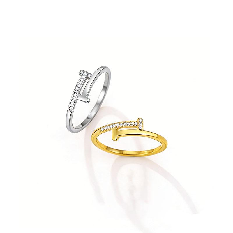 Fashion light luxury double t diamond-encrusted titanium steel ring, female niche design advanced sense does not fade index finger ring