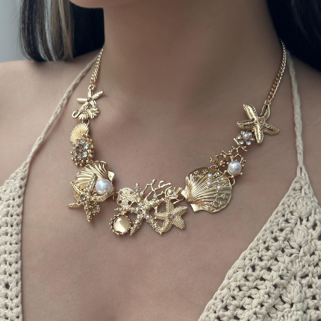 Boho Übertriebener Metall Seestern Muschel Perlen Halskette für Frauen Ozean Koralle Kammmuschel Anhänger Halskette Sommer Strand Schmuck Geschenk