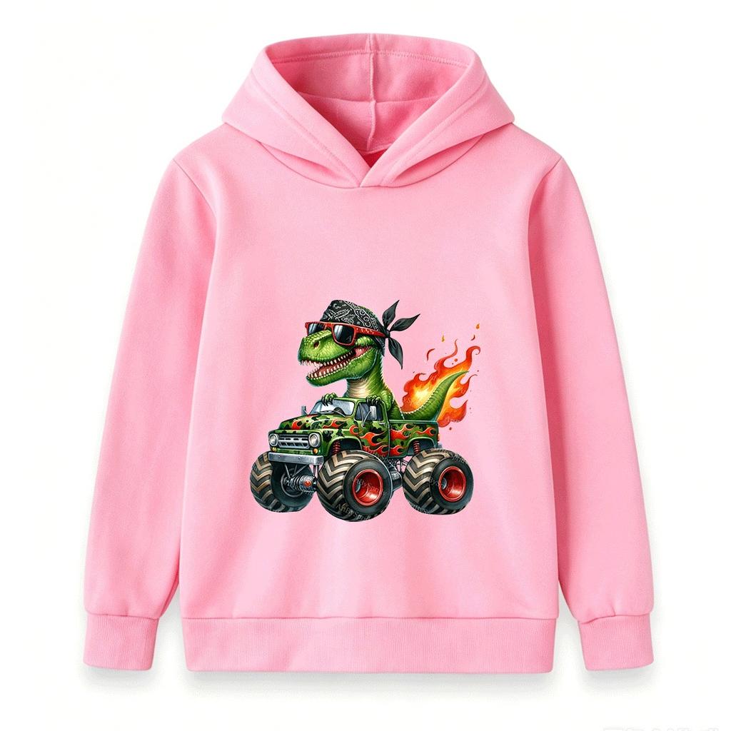 Kids Boys Girls Hoodie Cool Dinosaur T-Rex Monster Truck Print Long Sleeve Pullover Sweatshirt for Casual Daily Wear