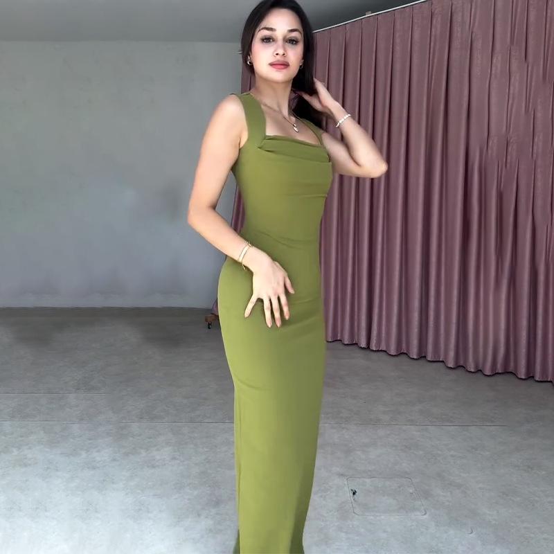 2025 Women's Sleeveless Square Neck Solid Color Bodycon Midi Dress