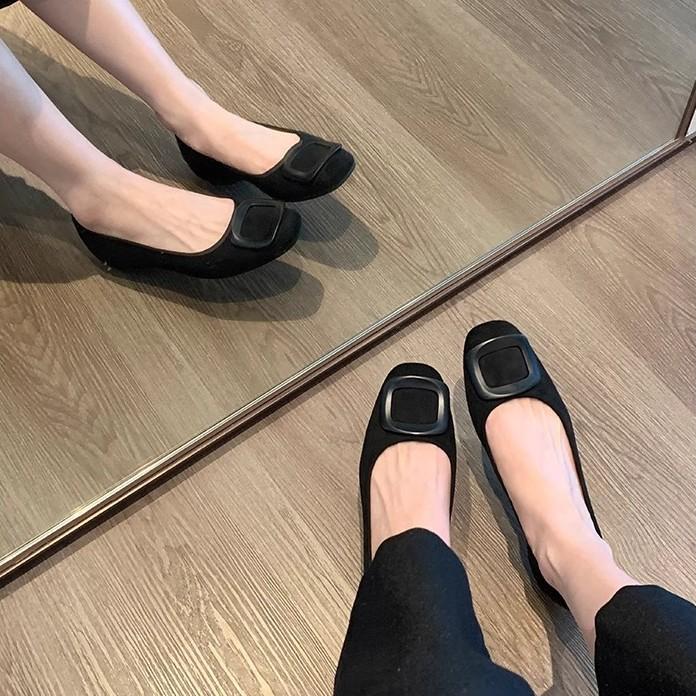 Sheepskin version~ Grape mother same temperament round head square buckle light mouth suede commuting versatile comfortable single shoes women