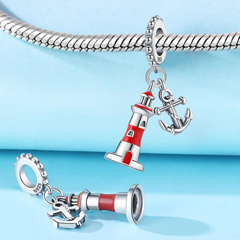 925 Silver Watchtower Ship Anchor Pendants Bracelet Charms Fit Bangle For Women Jewelry Party Beads DIY Gifts Accessory