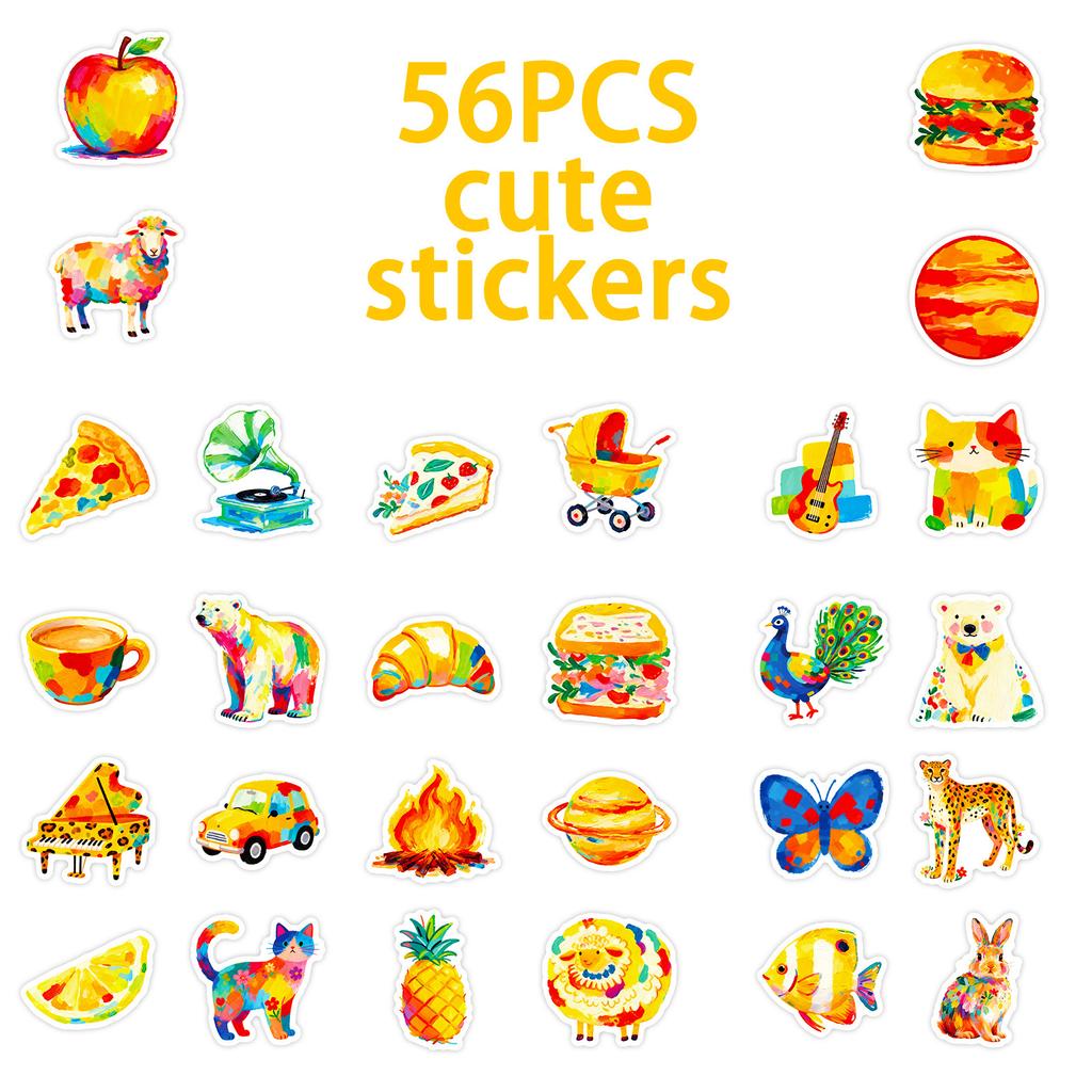 56 Colorful Hand-Painted Wind Cute Graffiti Stickers Animals Okay Oil Painting Wind Fun Creative Children'S Stickers