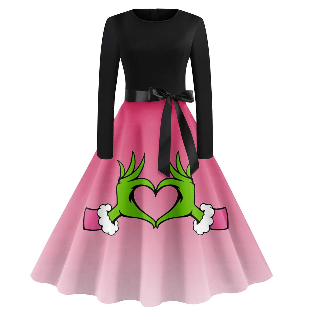 Rochie clasică de damă, cu gât, talie, cu papion, mâneci lungi, cu imprimeu de Crăciun, cu gât rotund