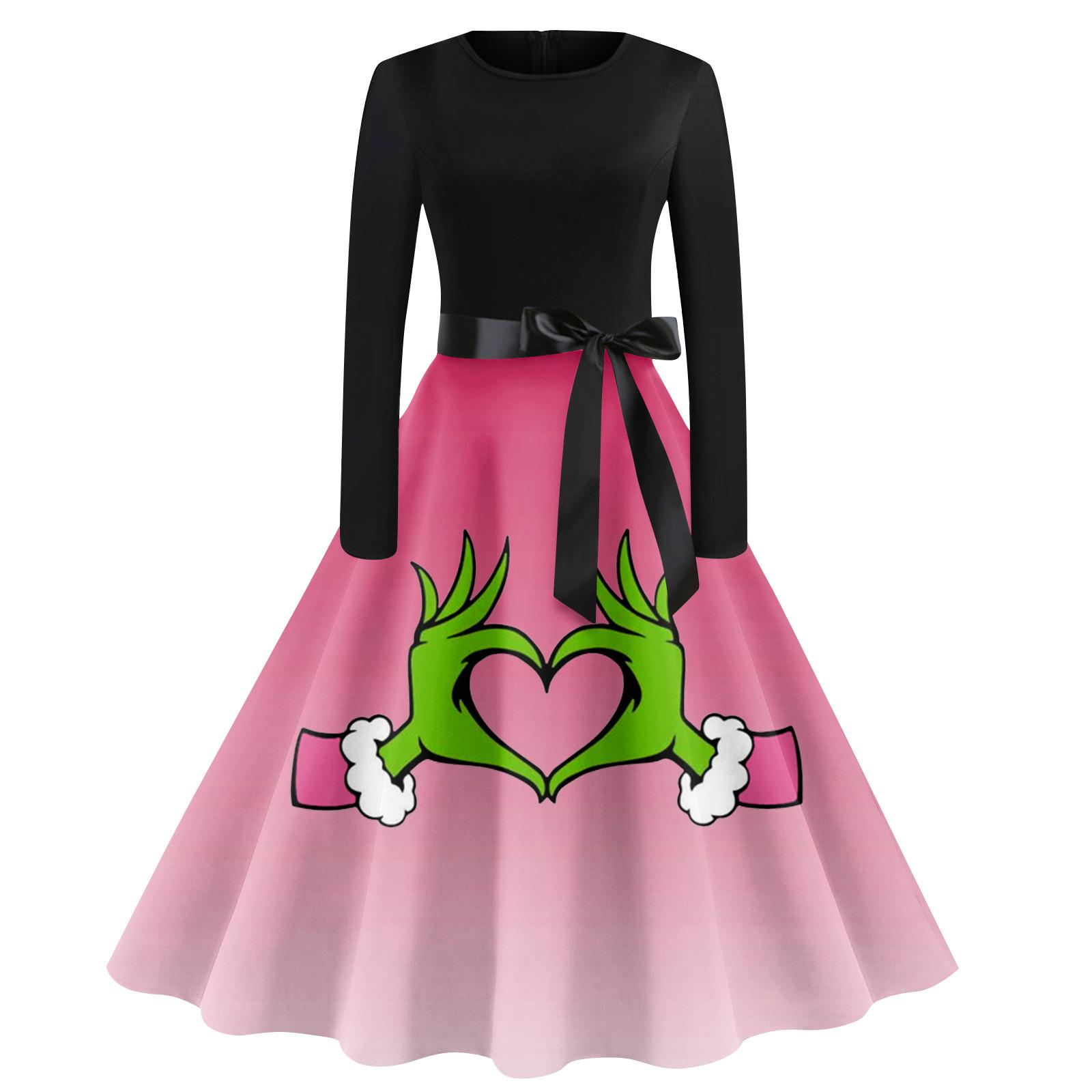 

Women s Vintage Dress Neck Waist Bow Tie Long Sleeves Christmas Printed Round Neck Swing Dress S рожевий
