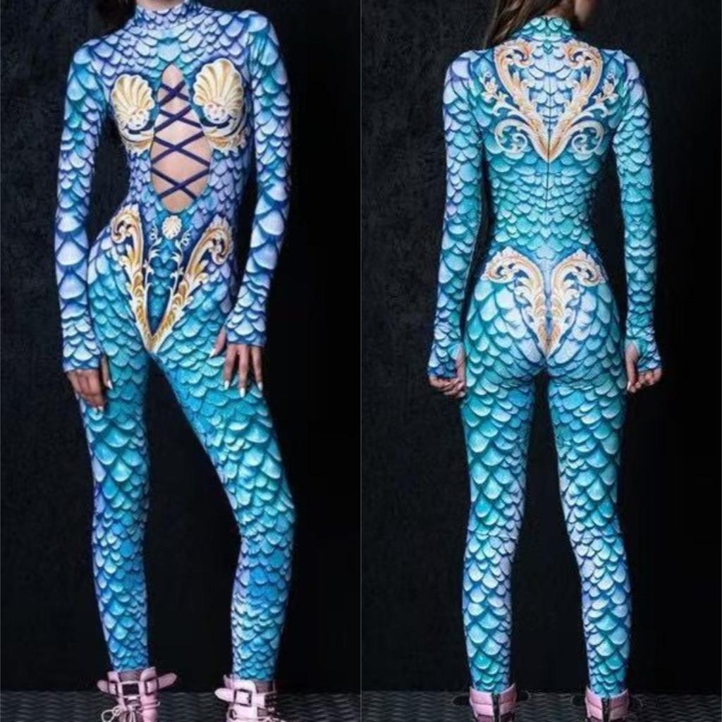 Women Hollow Out Mermaid Fish Scale Shell 3D Digital Printing Halloween Cosplay Costume Adults Carnival Party Dance Dress Up Jumpsuit