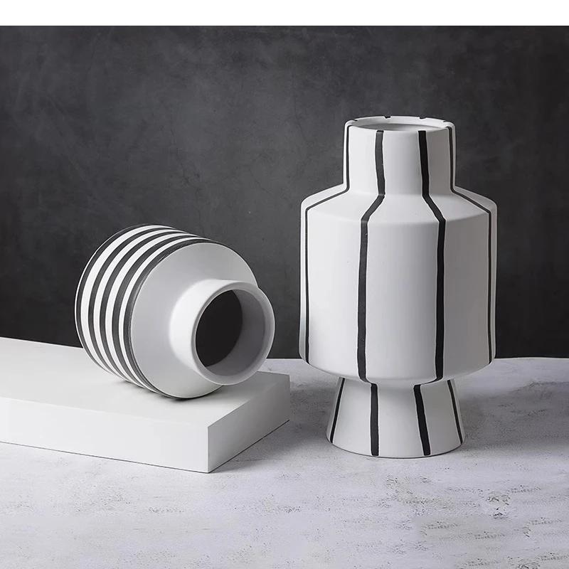 Black and White Striped Ceramic Vase Desktop Ornaments Flower Arrangement Living Room Aesthetic Decoration