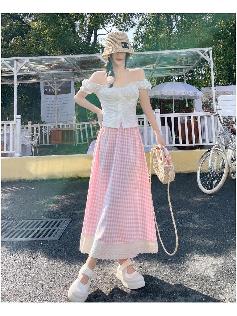 Women's High Waist Checkered Lace Trim A-line Midi Skirt (2025)