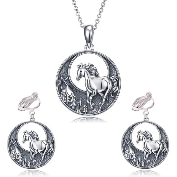 Horse Clip On Earrings and Necklace Set for Women Fashion Silver Race Animal Earrings Kentucky Derby Jewelry Horse Lover Jewelry Gifts