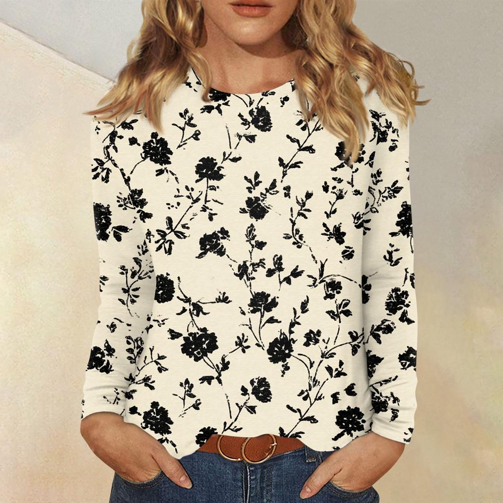 Dámská móda Květinový potisk Krk Dlouhý rukáv Pulovr Top