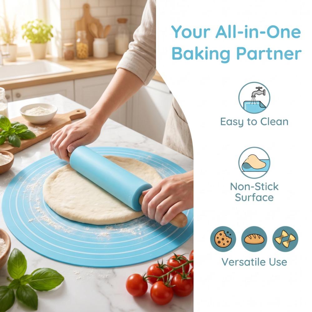 2PCS Wooden Handles Pastry Baking Mat Silicone Baking Tool Set Kneading Pad Pizza Making