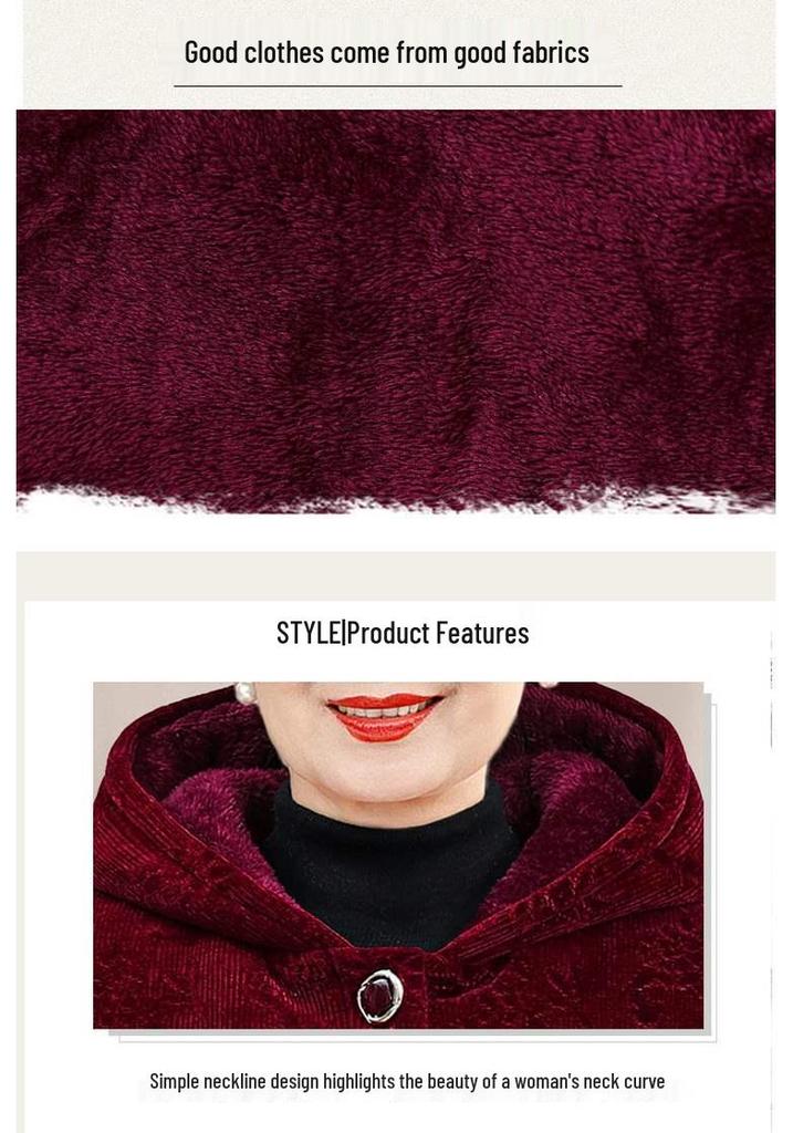 Warm Fleece-Lined Winter Jacket with Hood for Middle-aged and Elderly Women
