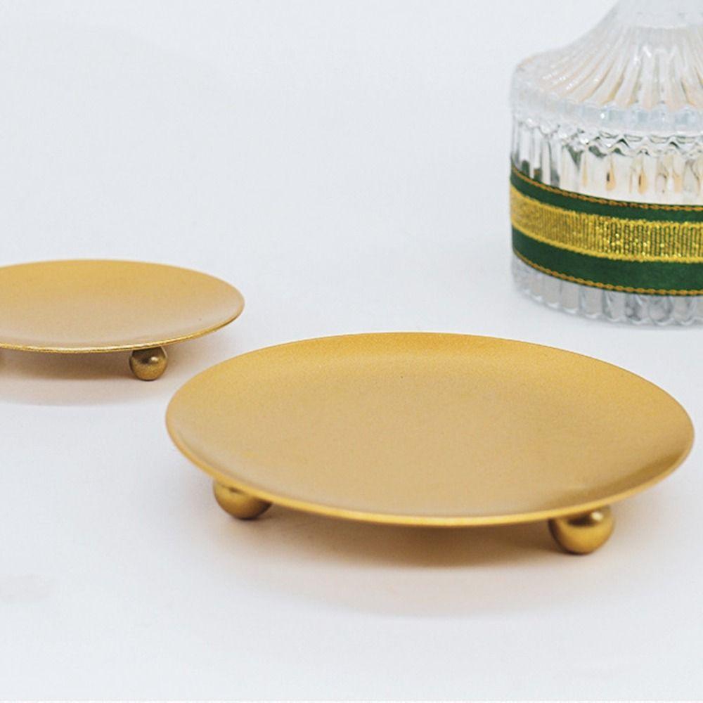 Round Pillar Metal Plate Golden Festival Candlestick Holder Simple Candle Base Tray for Home
