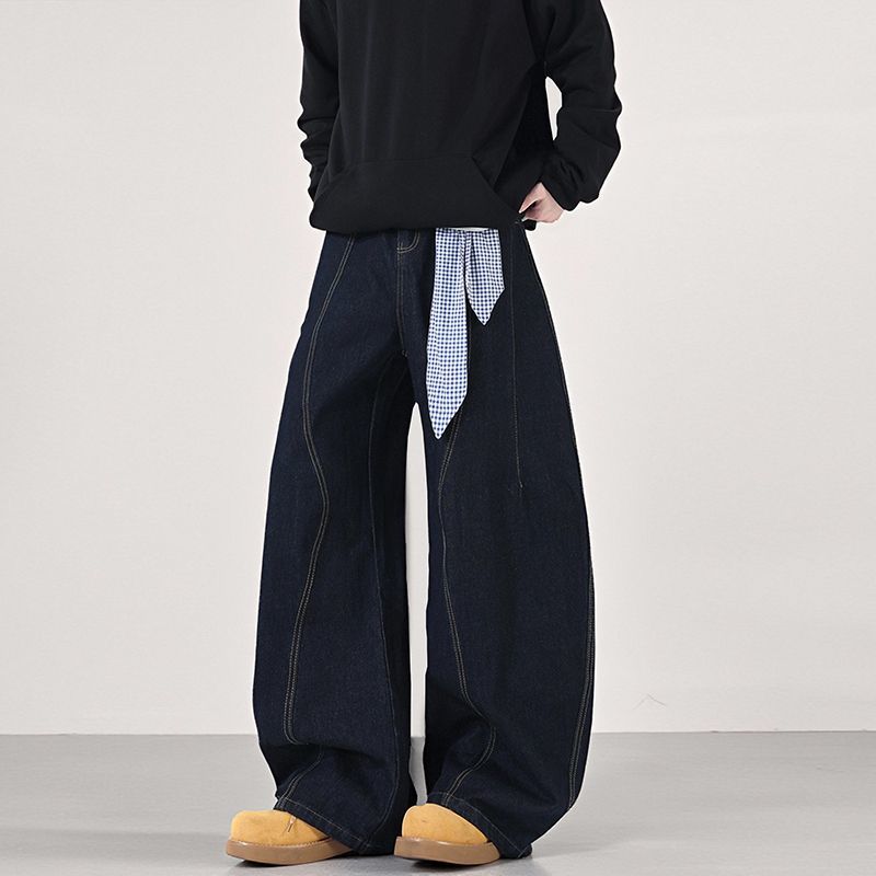 American Retro Washing Scimitar Jeans Men and Women Loose Design Square Scarf Wide-leg Casual Trousers