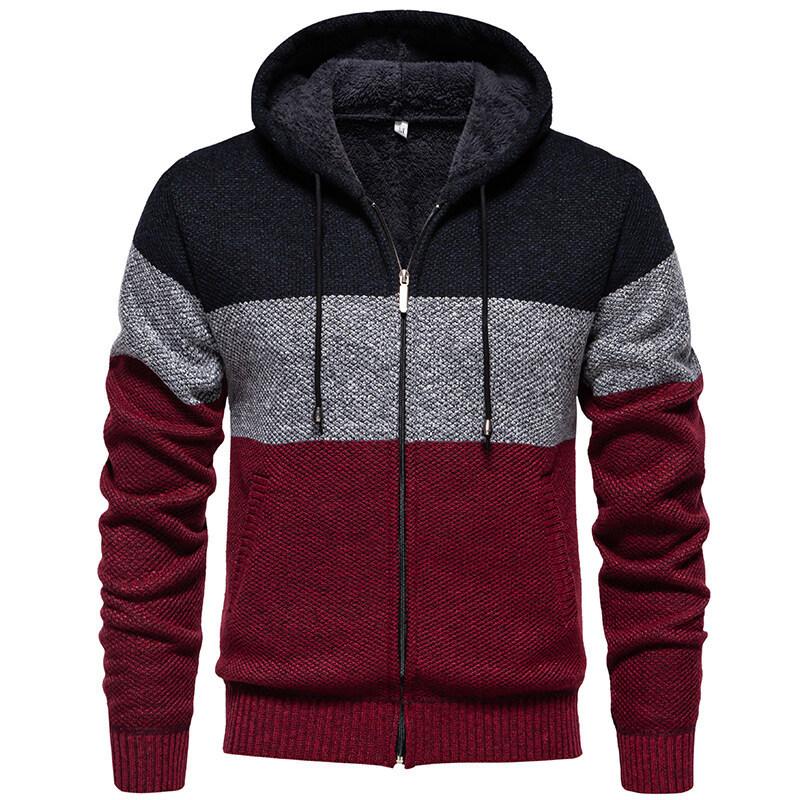 2025 Autumn Winter New Men's Color-blocking Sweater Plus Velvet Casual Knitted Fashion Hooded Jacket
