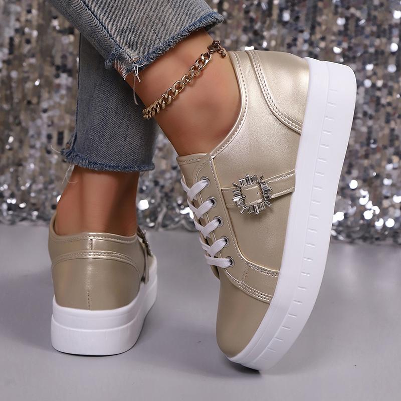 Fashion Women's Fashion Sneakers Gold Silver Low Top Casual Sports Shoes Women Metal Decor Comfortable Non Slip Walking Shoes Plus Size