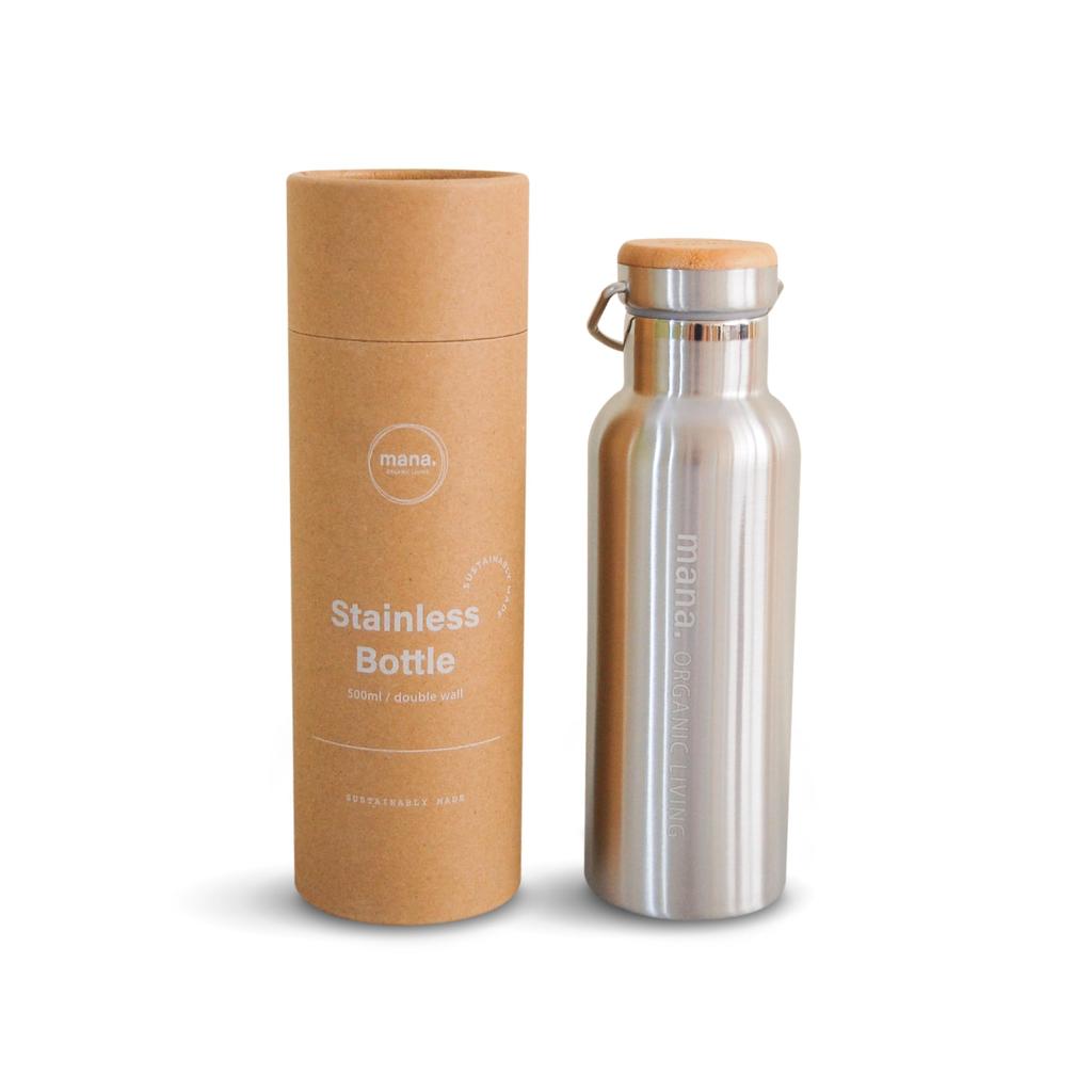 [mana.] ORGANIC LIVING Stainless Steel Long Bottle, 500ml, Double-walled Vacuum Structure, Keeps Drinks Warm for Long Hours
