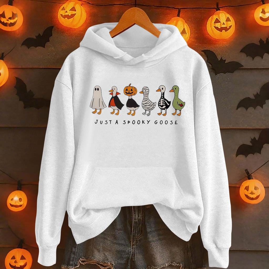Damemote Casual Langermet trykt Rundhals hettegenser Pullover Topp med lommer