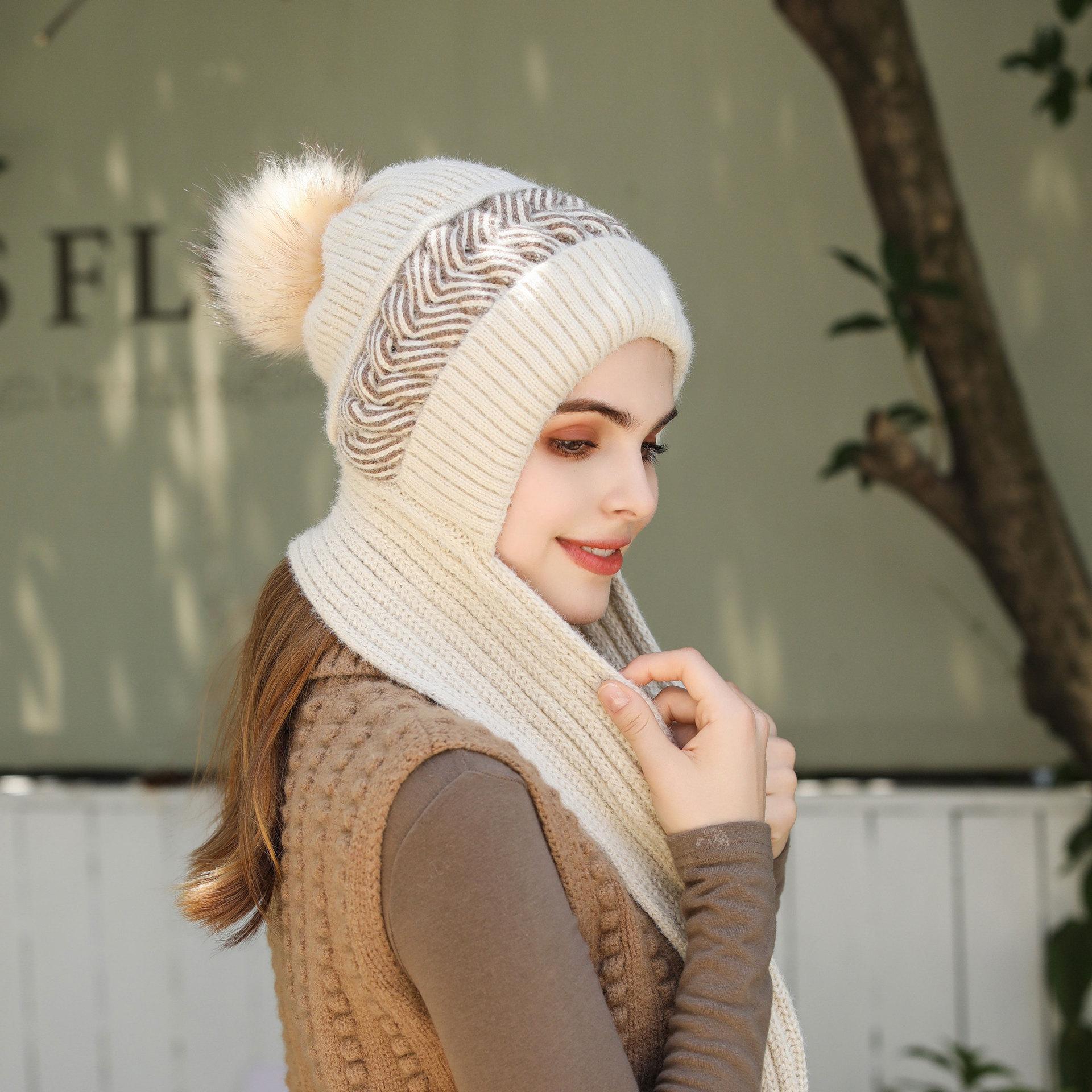 

Шерстяная шапка, универсальная модная вязаная шапка на осень и зиму, ветрозащитная, с защитой ушей, защитой шеи, утолщенная шапка и шарф вместе one size fits all бежевый