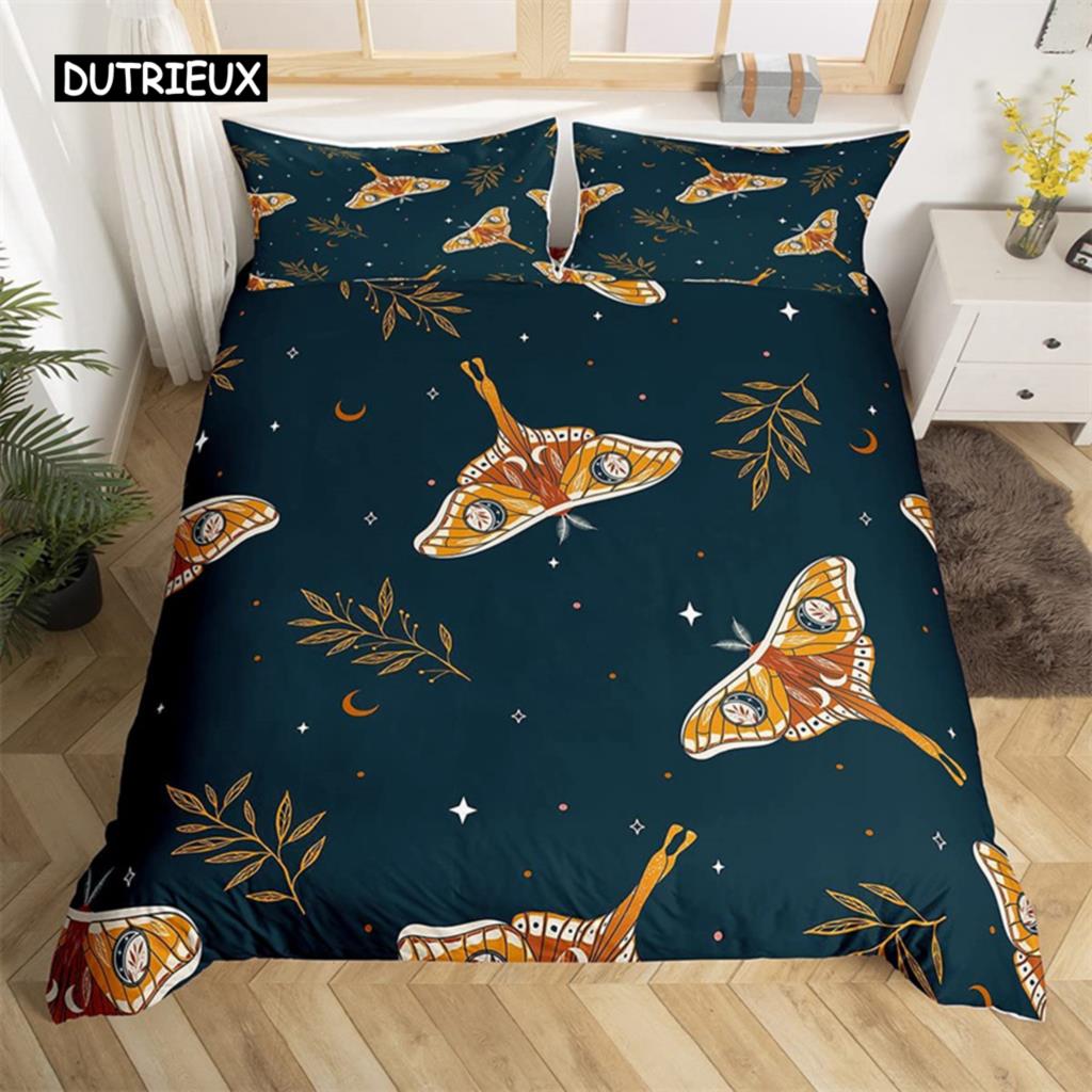 Death Moth Duvet Cover Set Queen Size Gothic Skull Boho Comforter Cover Black and White Skeleton Decorative Soft Bedding Set