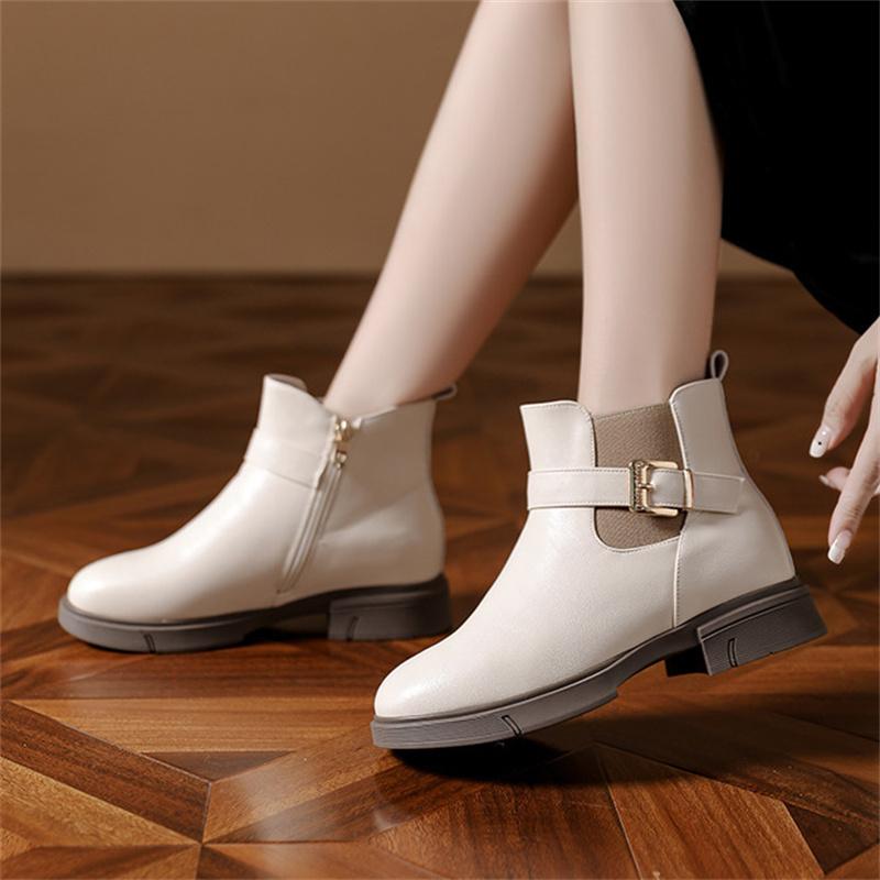 Autumn Winter Warm Thick Sole Anti-slip Lady Buckle Round Toe Solid Leather Boots Fashion Elegant Short Cotton Boots