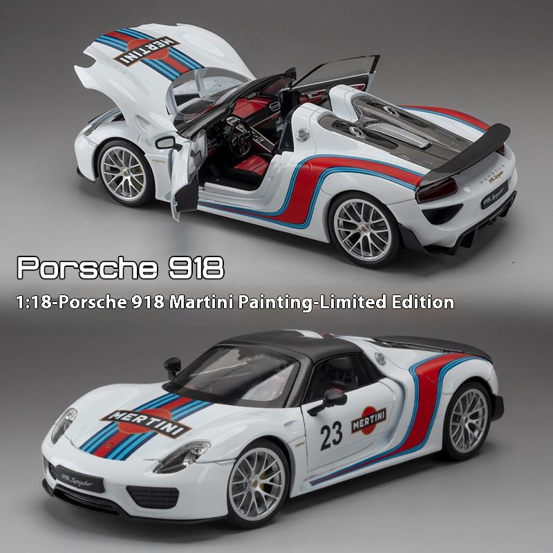 Maßstab 1/18 Porsche 918 Martini Lackiert Limitierte Auflage Legierung Metall Diecast Automodell Geburtstagsgeschenk für Freund Sound & Licht Serie