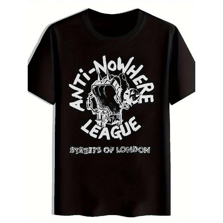 T-shirt Grafica Punk Rock da Uomo - Lega Anti-Nessun Luogo - Stampa Logo Bianco Audace, Vestibilità Larga Traspirante Nera con Scollo a Girocollo per Concerti, Festival &