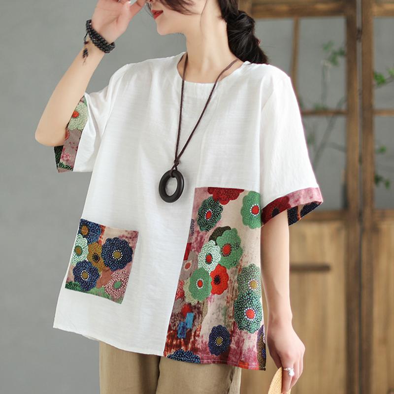 

Vintage Printed Top Loose Short Sleeved T-shirt Women Summer O Neck Casual Splices Pocket Tee Tops Female 2025 New S білий
